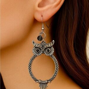 Antique Silver Glass Belly Owl Dangle Earrings
